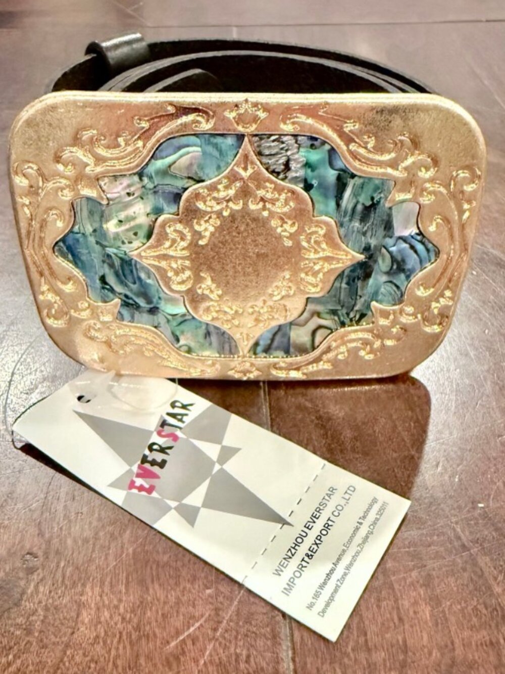 New! Everstar Western Abalone Shell Inlaid Leather Belt Size Small